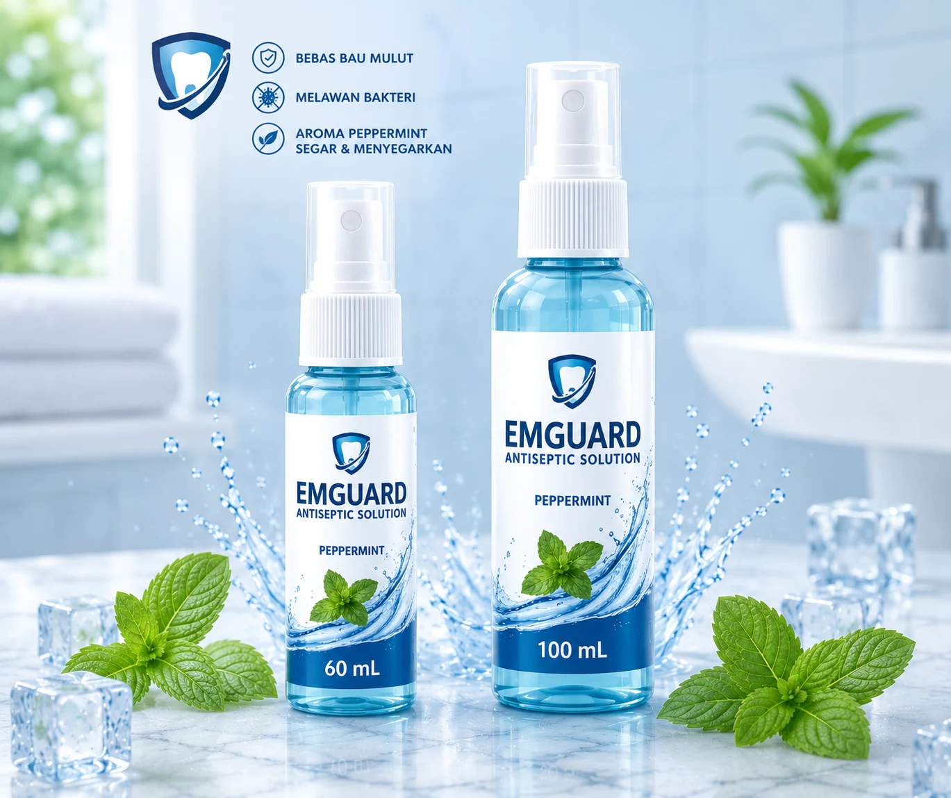EMGUARD® Antiseptic Solution — Peppermint mouthwash, available in 60 mL, 100 mL, 200 mL, 500 mL, and 1 Liter