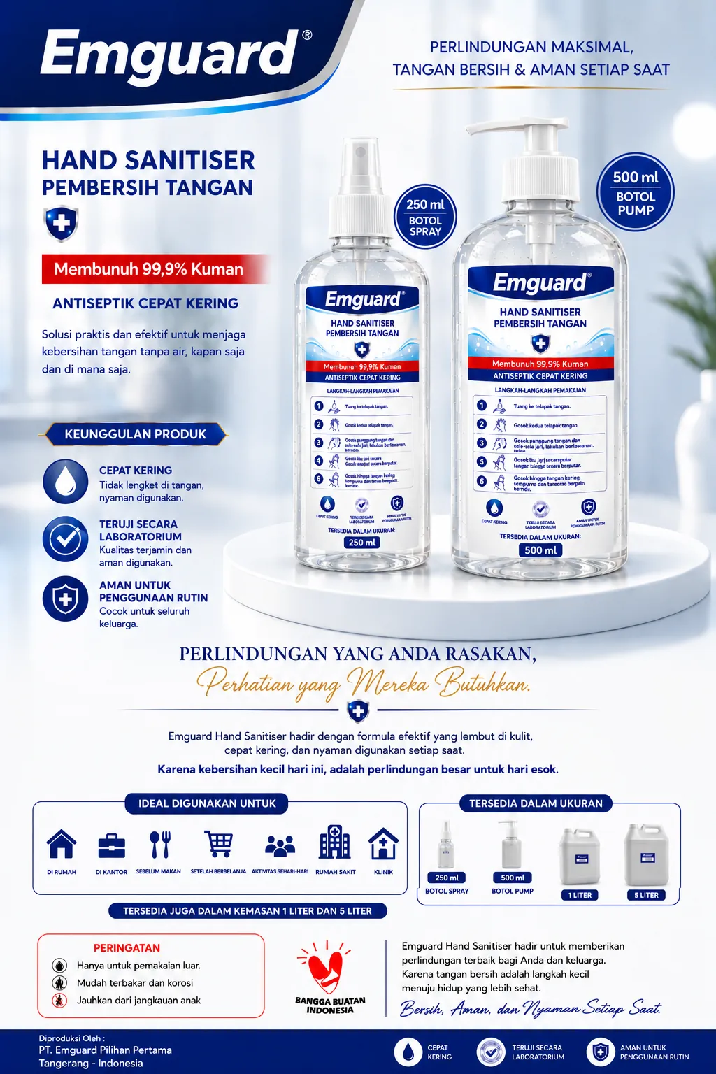 EMGUARD® Hand Sanitizer brochure — Ethanol 70%, waterless hand antiseptic.